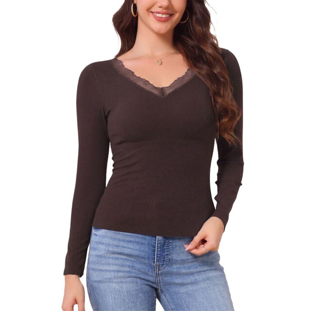 Women's UnderShirt Thermal Built-in Bra Ribbed Long Sleeve Tops Coffee